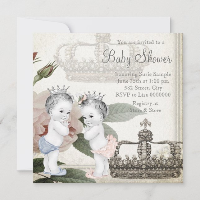 Prince and Princess Twin Baby Shower Invitation (Front)