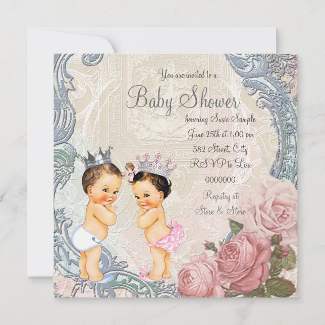 Prince and Princess Twin Baby Shower Invitation (Front)