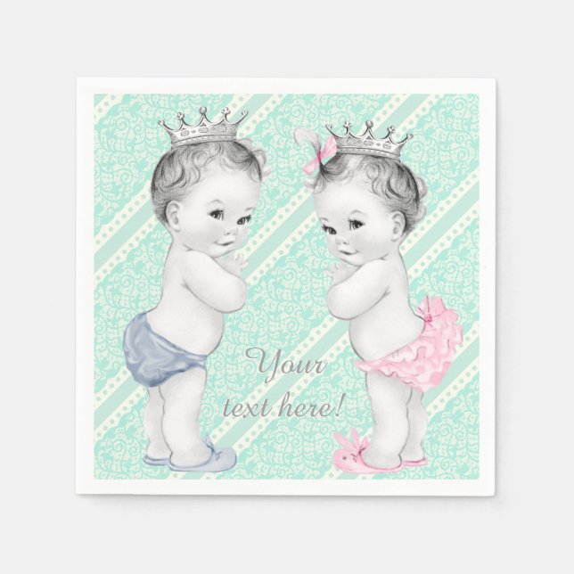Prince and Princess Twin Baby Shower Paper Napkins (Front)