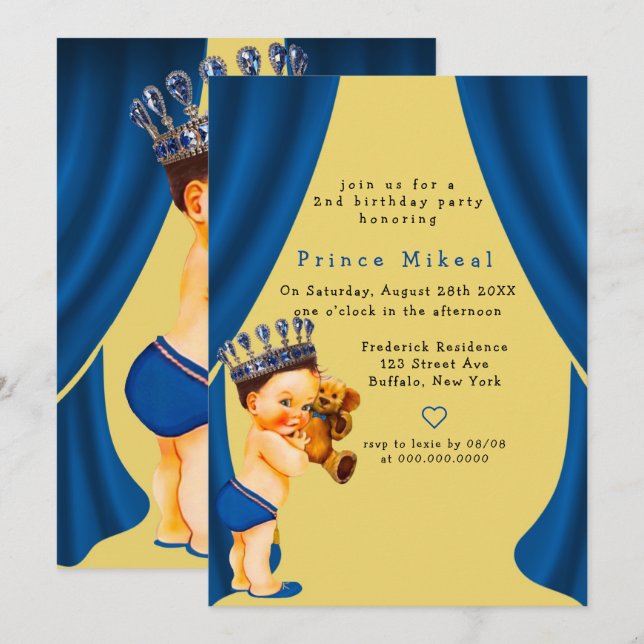 Prince and Teddy Bear Blue Gold Birthday Party Invitation (Front/Back)