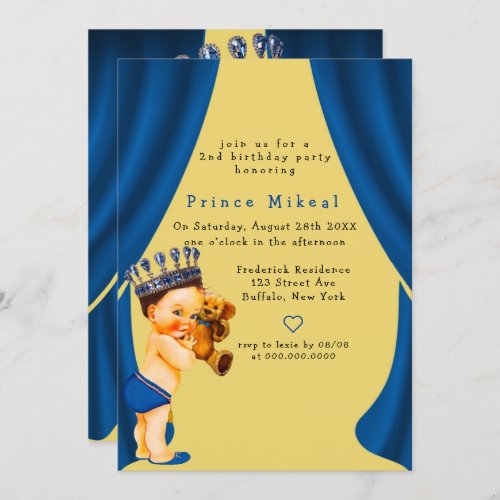 Prince and Teddy Bear Blue Gold Birthday Party Invitation
