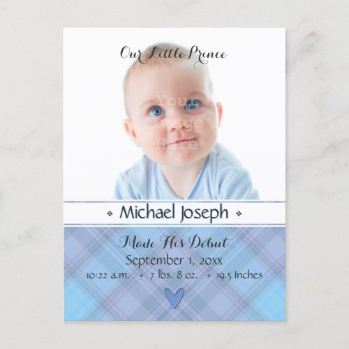 Prince Baby Blue Boy Plaid Birth Announcement