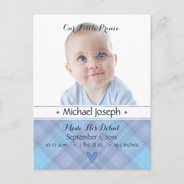 Prince Baby Blue Boy Plaid Birth Announcement (Front)