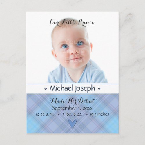 Prince Baby Blue Boy Plaid Birth Announcement