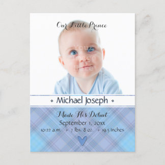 Prince Baby Blue Boy Plaid Birth Announcement Postcard