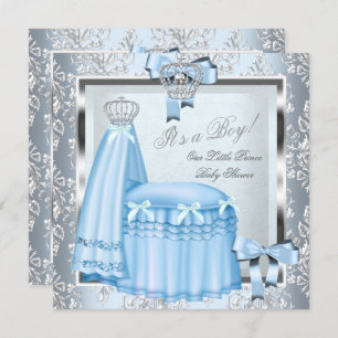 Prince Baby Shower Baby Boy Blue Damask Crown 4F Invitation