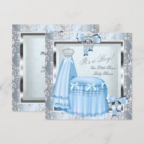 Prince Baby Shower Baby Boy Blue Damask Crown 4F Invites