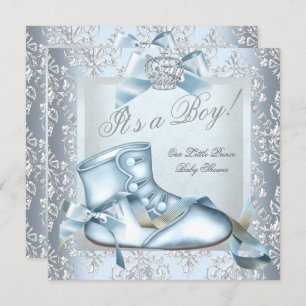 Prince Baby Shower Baby Boy Blue Damask Shoe 4E Invitation