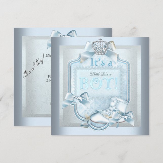 Prince Baby Shower Baby Boy Blue Damask Shoe Invitation (Front/Back)