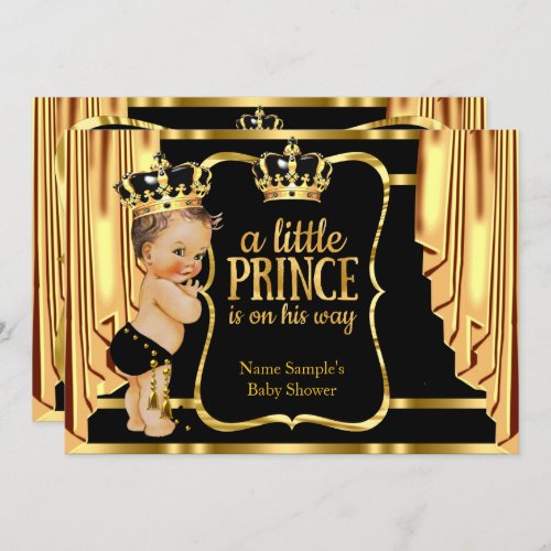 Prince Baby Shower Black Gold Drapes Brunette Invitation
