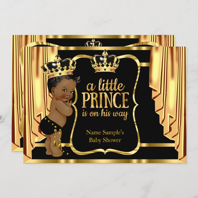 Prince Baby Shower Black Gold Drapes Ethnic Invitation (Front/Back)