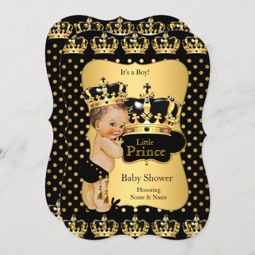Prince Baby Shower Black Gold Polka Dot Brunette Invitation
