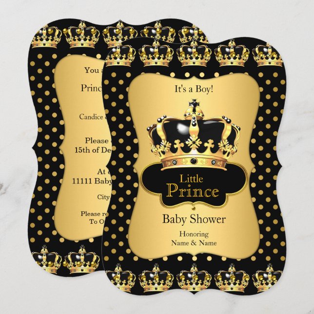 Prince Baby Shower Black Gold Polka Dot Invitation (Front/Back)