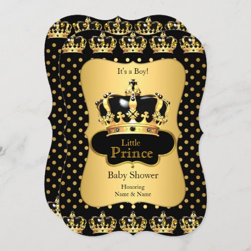 Prince Baby Shower Black Gold Polka Dot Invitation