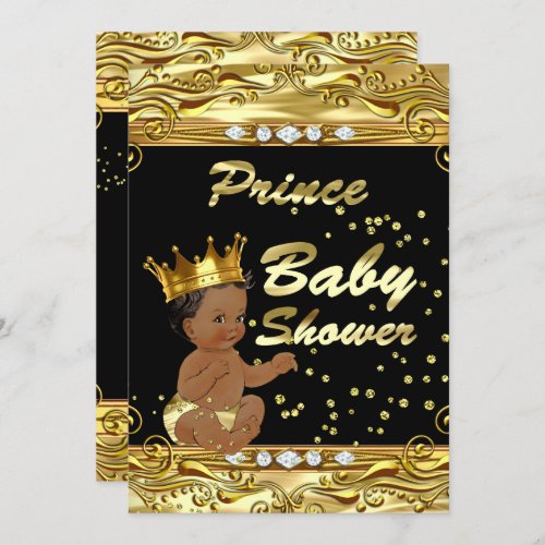 Prince Baby Shower Black Gold Sprinkle Ethnic Invitation