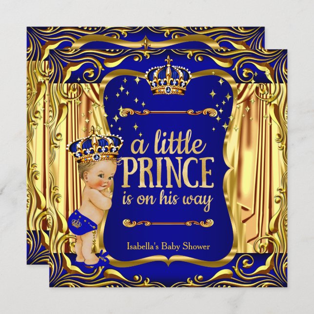 Prince Baby Shower Blue Gold Blonde Invite (Front/Back)