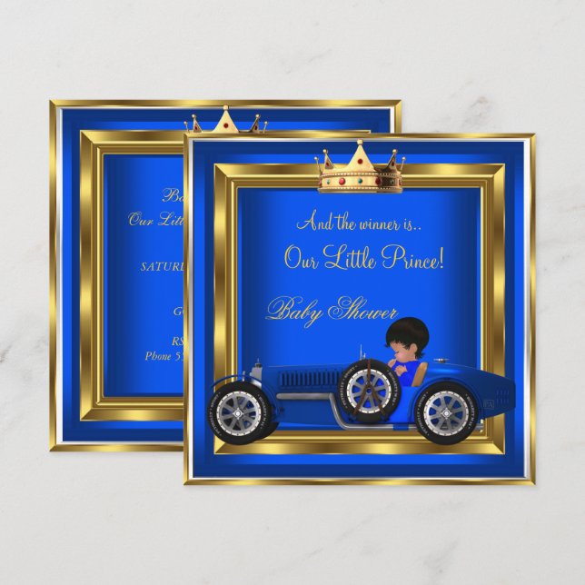 Prince Baby Shower Blue Gold Boy Racing Car Invitation (Front/Back)