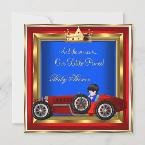 Prince Baby Shower Blue Gold Boy Red Racing Car 2 Invitation