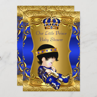 Prince Baby Shower Blue Gold Brunette Baby Boy Invitation