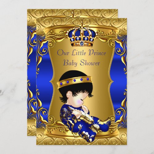 Prince Baby Shower Blue Gold Brunette Baby Boy Invitation