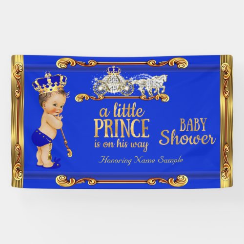 Prince Baby Shower Blue Gold Carriage Brunette Boy Banner