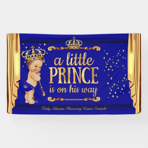 Prince Baby Shower Blue Gold Drapes Brunette Boy Banner