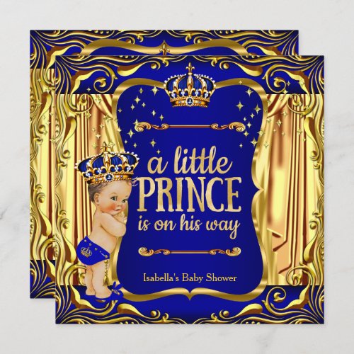 Prince Baby Shower Blue Gold Prince Brunette Boy Invitation