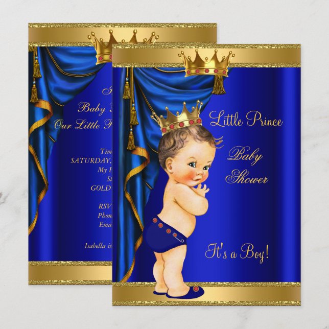 Prince Baby Shower Blue Gold Red Brunette Invitation (Front/Back)