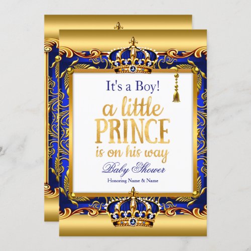 Prince Baby Shower Blue Ornate Gold Boy Invitation