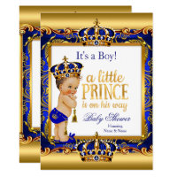 Prince Baby Shower Blue Ornate Gold Brunette Boy Card