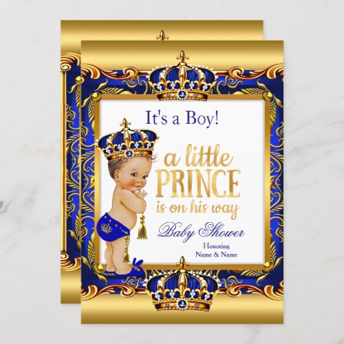 Prince Baby Shower Blue Ornate Gold Brunette Boy Invitation