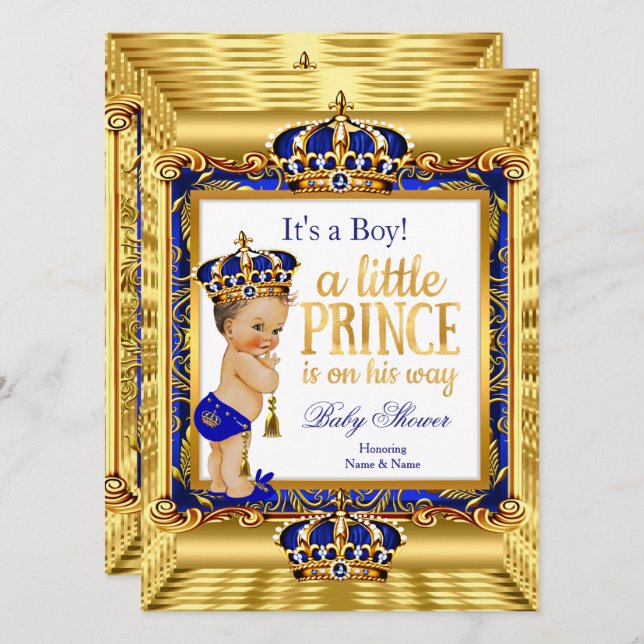 Prince Baby Shower Blue Ornate Gold crown  Invitation (Front/Back)