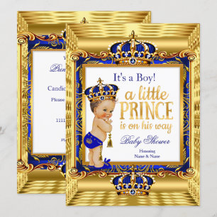Prince Baby Shower Blue Ornate Gold crown  Invitation