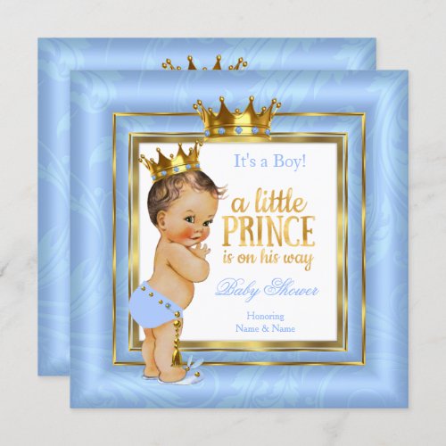 Prince Baby Shower Blue White Gold Crown Brunette Invitation