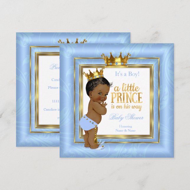 Prince Baby Shower Blue White Gold Crown Ethnic Invitation (Front/Back)