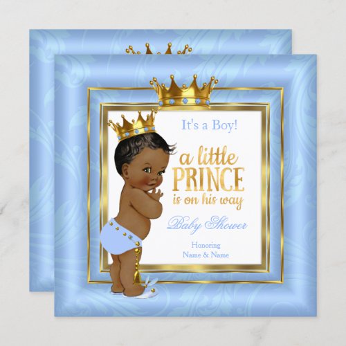 Prince Baby Shower Blue White Gold Crown Ethnic Invitation