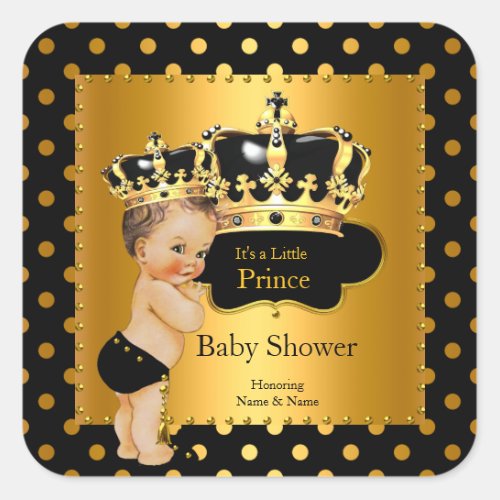 Prince Baby Shower Boy Black Gold Brunette Square Sticker