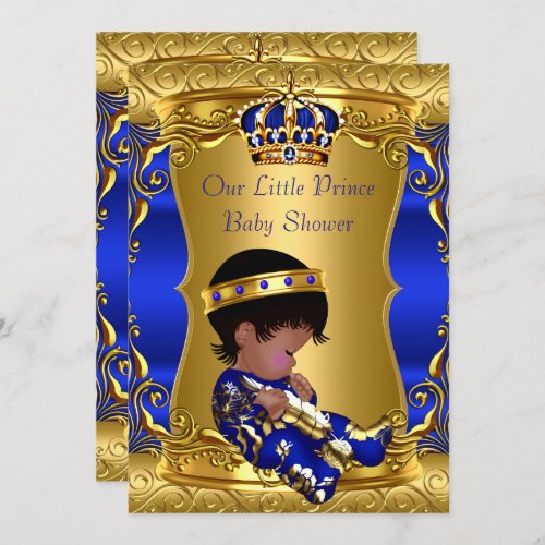 Prince Baby Shower Boy Blue Gold African American Invitation
