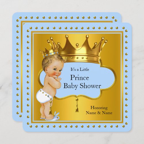 Prince Baby Shower Boy Blue Gold Crown Blonde Invitation