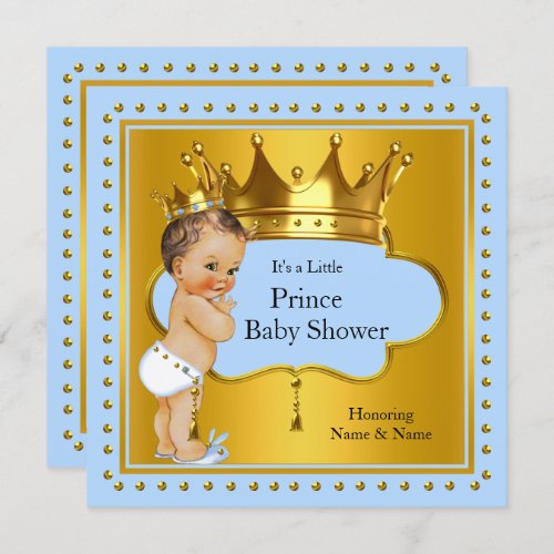 Prince Baby Shower Boy Blue Gold Crown Brunette Invitation