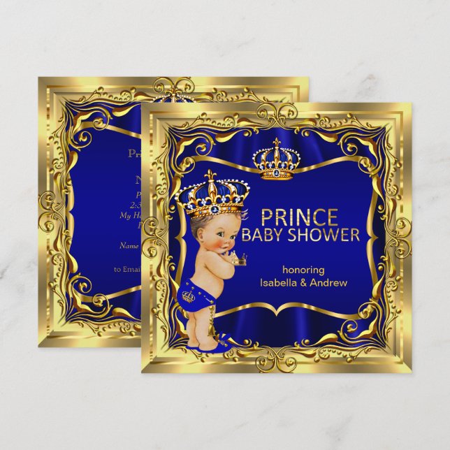 Prince Baby Shower Boy Blue Gold Invitation (Front/Back)