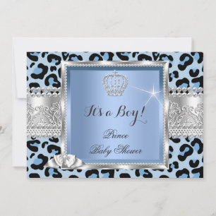 Prince Baby Shower Boy Blue Gray Leopard Invitation