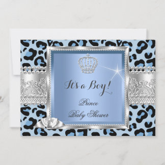 Prince Baby Shower Boy Blue Gray Leopard Invitation