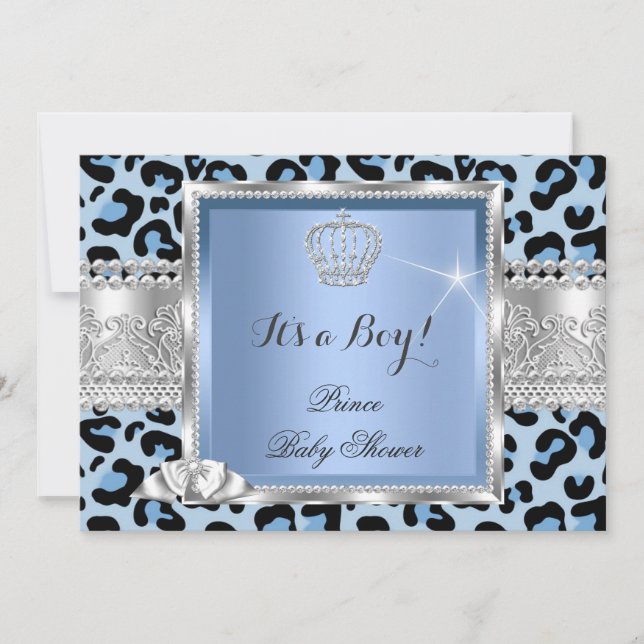 Prince Baby Shower Boy Blue Gray Leopard Invitation (Front)