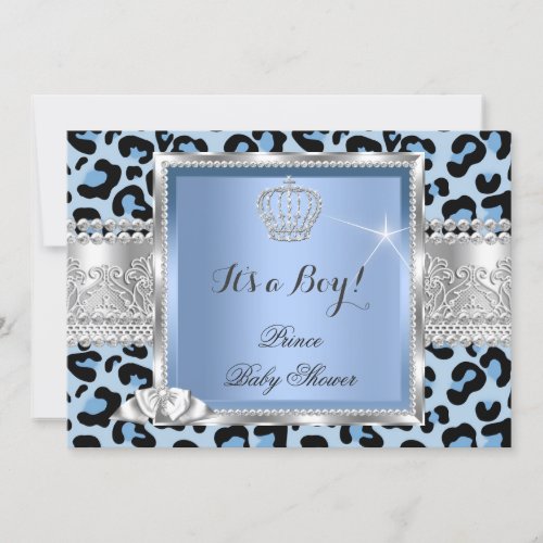 Prince Baby Shower Boy Blue Gray Leopard Invitation