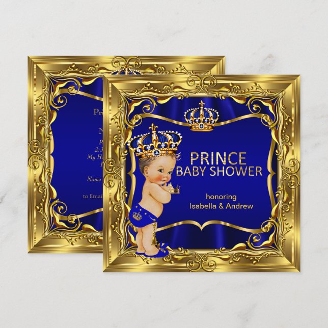 Prince Baby Shower Boy Blue Ornate Gold Invitation (Front/Back)