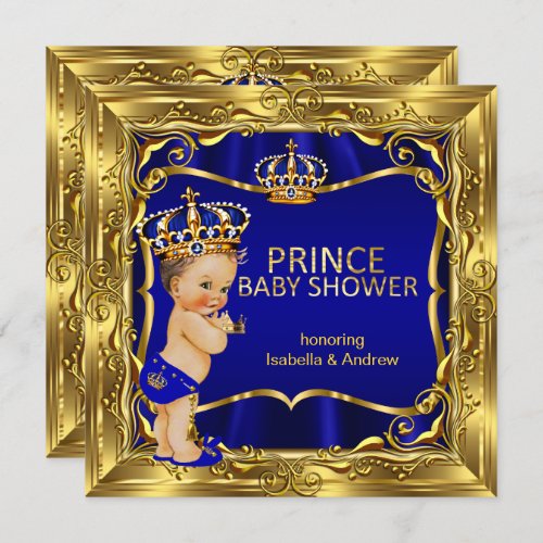 Prince Baby Shower Boy Blue Ornate Gold Invitation
