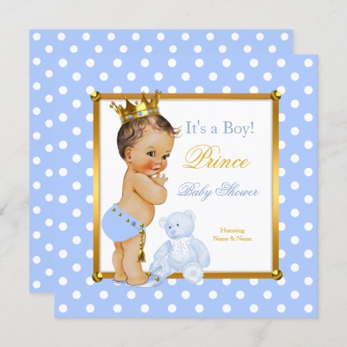 Prince Baby Shower Boy Blue Polka Dot Brunette Invitation