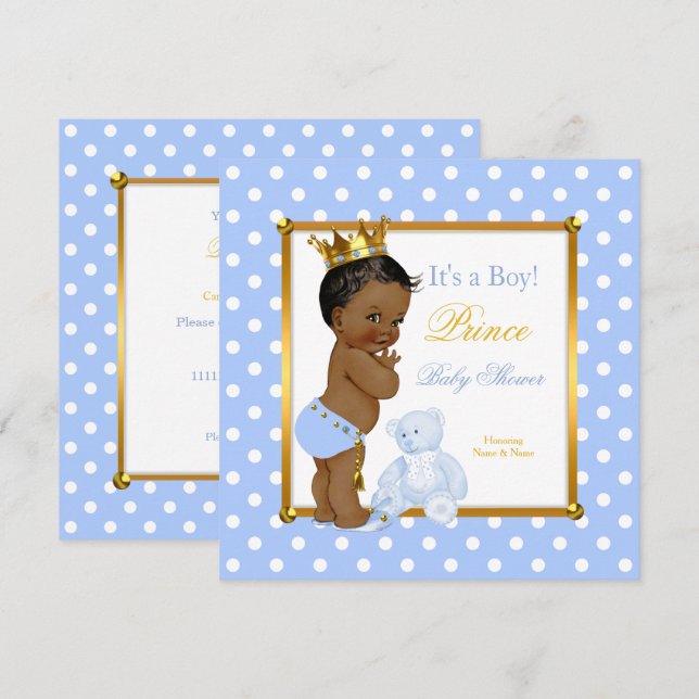 Prince Baby Shower Boy Blue Polka Dot Ethnic Invitation (Front/Back)