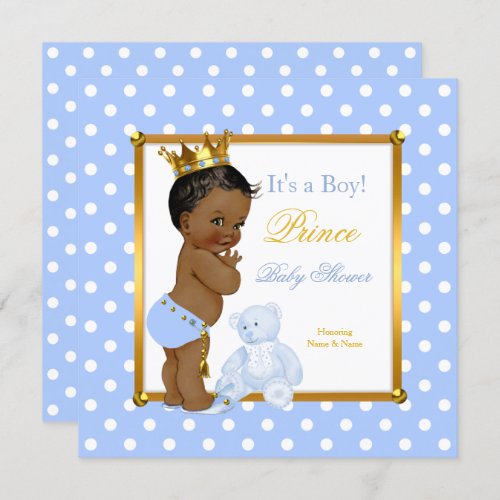 Prince Baby Shower Boy Blue Polka Dot Ethnic Invitation